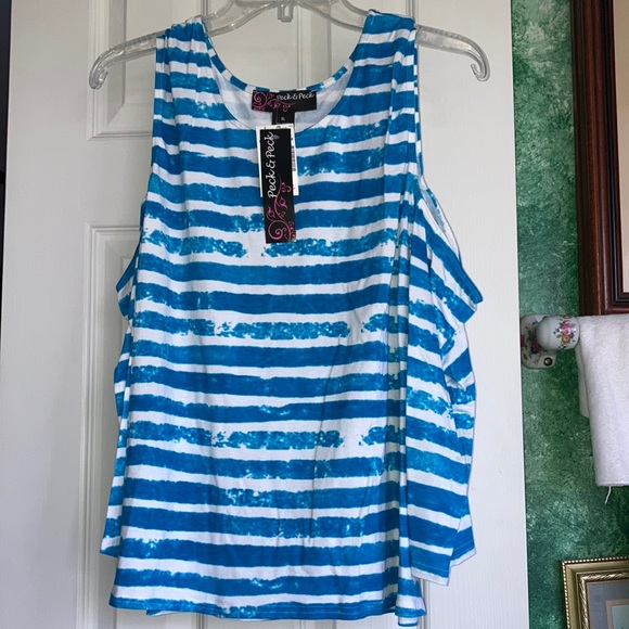 NWT PECK & PECK wh w/ turq. horizontal stripe cold- shoulder top, $20 - Picture 5 of 6